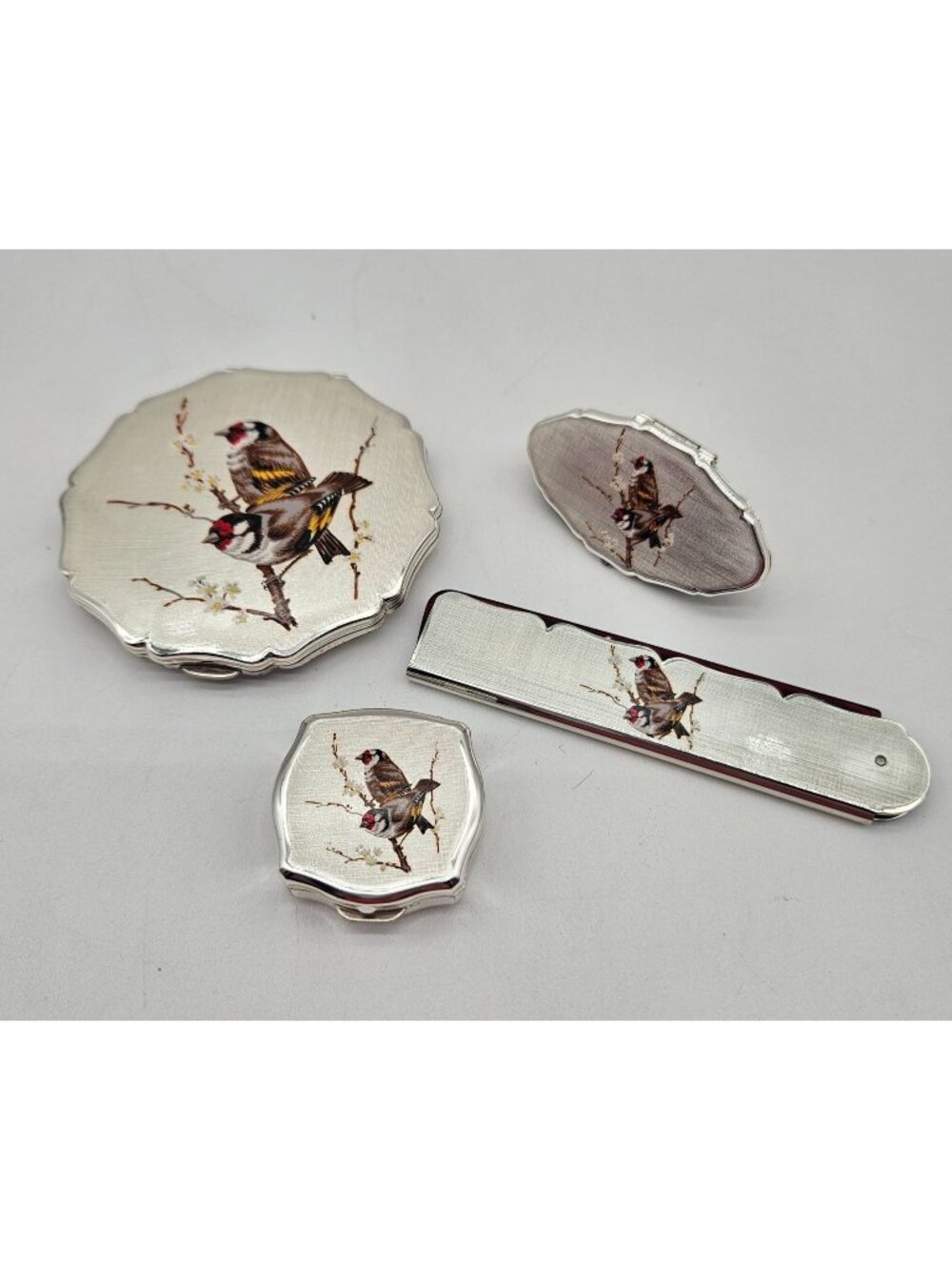 Vintage Stratton Compact 4 Pc Set Goldfinch Birds Comb Lipstick Holder Pill Box